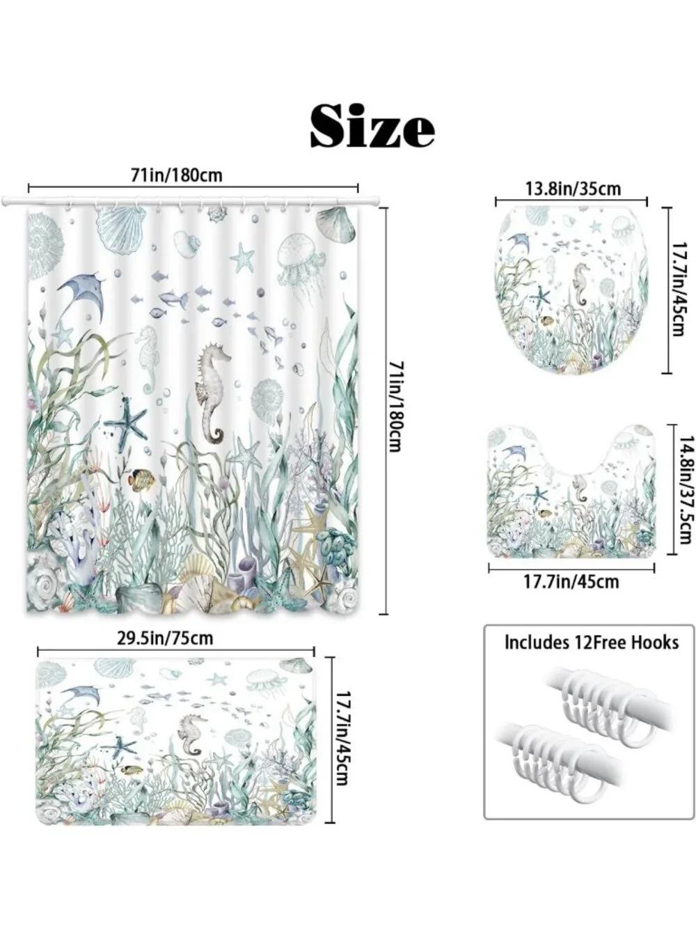 Nautical Beach Shower Curtain Set with Seashells, Starfish & Non-Slip Rugs